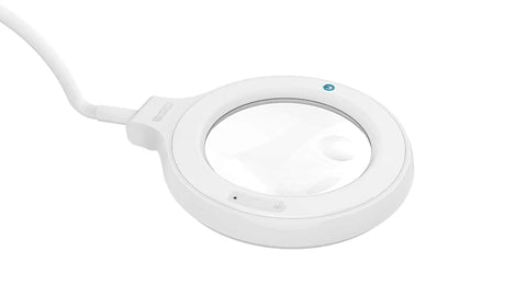 Rechargeable LED Floor Lamp With 5-Inch 2X Magnifier And 5X Bifocal, showing the round magnifying lens close-up.