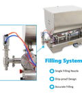 Built Like A Tank Horizontal Pneumatic Filling Machine With 80 Liter Heating Mixing Hopper And Stainless Steel Liquid Paste Filler Featuring 50 To 500 Milliliter Single Nozzle For 110V Production Lines, showcasing filling system and stainless components.