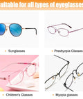 Image showing various eyeglasses: sunglasses, presbyopia glasses, children's glasses, and myopia glasses on a white background.