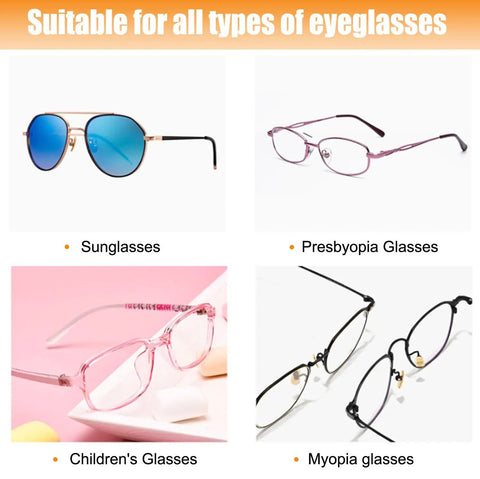 Image showing various eyeglasses: sunglasses, presbyopia glasses, children's glasses, and myopia glasses on a white background.