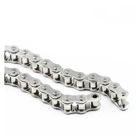 Top Tier Stainless Steel Roller Chain Compatible With 06B, 08A, 08B, And 10A Sprockets showing smooth link connection.