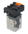 Plug-And-Play 24V DC Relay Kit, 10A High-Current Switch With PF083A 8-Pin Socket Base For Quick Mount, Reliable Power Control In Industrial Automation Panels And Heavy-Duty Equipment. 24V DC relay with clear base and black 8-pin socket