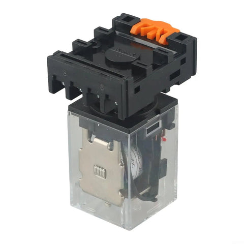 Plug-And-Play 24V DC Relay Kit, 10A High-Current Switch With PF083A 8-Pin Socket Base For Quick Mount, Reliable Power Control In Industrial Automation Panels And Heavy-Duty Equipment. 24V DC relay with clear base and black 8-pin socket