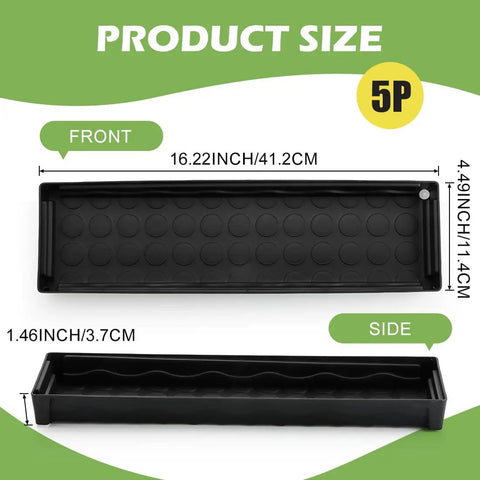 Diagram showing dimensions of Five Pack Plastic Window Sill Plant Saucers With Removable Drain Hole Rectangular 16 By 5.5 By 1.5 Inches Thick