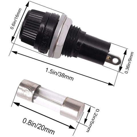 Panel Mount Fuse Holder Socket 5x20mm With Screw Cap, dimensions shown, glass tube fuse included, black finish
