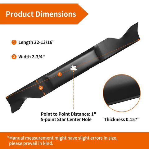 Diagram showing dimensions of Hi Lift Mower Blades For 46 Inch Deck Fits Husqvarna YTH Series And Craftsman YT3000, 22-13/16" long, 2-3/4" wide