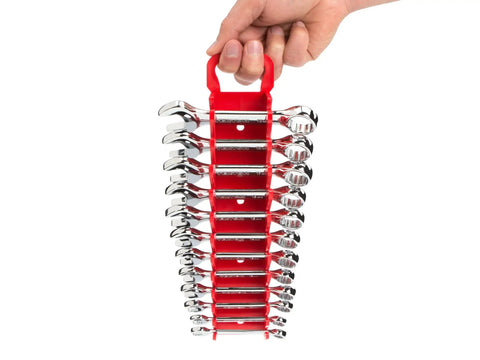 Hand holding Stubby 12-Piece Wrench Set 8 To 19 mm With Holder Ultra Short Wrenches For Tight Spots Slim Bodies