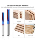 Pro Two Blade Straight Slotting Router Bit With Blue Nano Coating For Precision Grooving And Cutting Woodworking, Cabinetry Or Furniture Making Slots With 1/4 Inch And 8mm Shank Options Built To Last, shown with various wood materials.