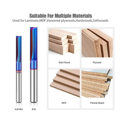 Pro Two Blade Straight Slotting Router Bit With Blue Nano Coating For Precision Grooving And Cutting Woodworking, Cabinetry Or Furniture Making Slots With 1/4 Inch And 8mm Shank Options Built To Last, shown with various wood materials.