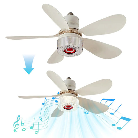 3 in 1 LED Smart Ceiling Fan Light with BT Speaker Remote (40W White) featuring white blades and LED light with musical notes.