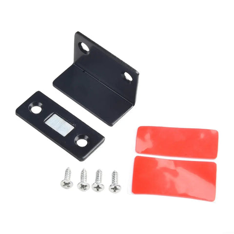 Ultra Slim Magnetic Cabinet Catch for Doors and Closets, black finish with screws, showing components for easy install.