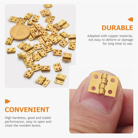 Close-up of Mini Copper Box Hinges Set 30 Pcs For Wooden Jewelry Boxes Small Cabinets And DIY Projects 8x10mm Micro Hinges Durable