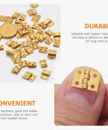 30 Piece Mini Copper Hinges for Tiny Wooden Boxes Jewelry Boxes and DIY Projects 8 By 10 Mm Micro Miniature Cabinet Hardware Rust Resistant for DIY Folks and Woodworking Fans displayed with a close-up on a finger.