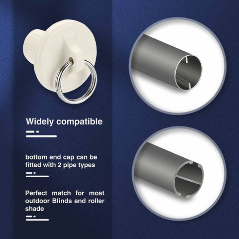 Diagram featuring Outdoor Roller Shade Replacement Bungee Kit And End Cap For Coolaroo Exterior Blinds In Sand, 2 Pack compatibility details.