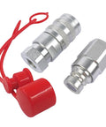 GELUOXI 1/4 in NPT hydraulic quick-connect coupler set with red dust caps; knurled aluminum male and female adapters