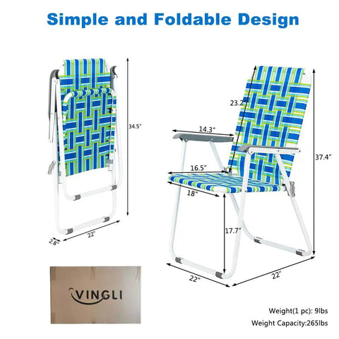 Two Pack Webbed Folding Lawn Chairs for Outdoor Use, blue pattern, 37.4 inch height, showing folded and open positions.