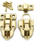 Antique Cabinet Duckbilled Toggle Hasp Latch And Heart Shaped Padlock Kit gold finish showing 2 latches with screws