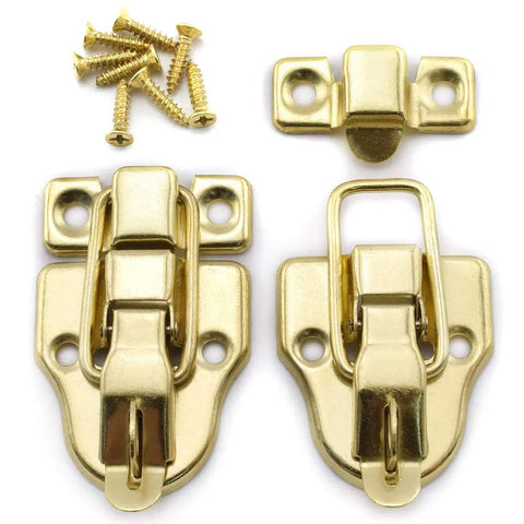 Antique Cabinet Duckbilled Toggle Hasp Latch And Heart Shaped Padlock Kit gold finish showing 2 latches with screws