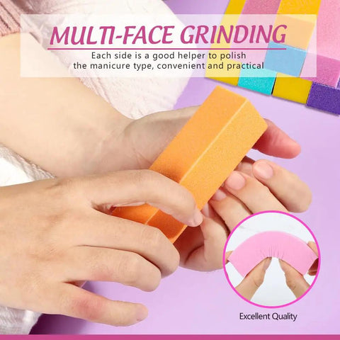 Person using orange buffer block from All In One Nail Files And Buffers Kit 20Pcs With 7 Way File 100 180 Grit Blocks Cushioned Buffer Boards