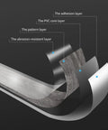 Exploded view of Peel And Stick Vinyl Plank Flooring Wood Look Ebony layers showing pattern, PVC core, and adhesive.