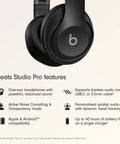 Studio Pro Premium Wireless Over Ear Headphones With Up To 40 Hour Battery Life And Active Noise Cancellation Crystal Clear Calls Great For Travel And Commute USB C Lossless Audio Apple And Android Compatible Black shown with feature list.