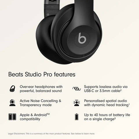 Studio Pro Premium Wireless Over Ear Headphones With Up To 40 Hour Battery Life And Active Noise Cancellation Crystal Clear Calls Great For Travel And Commute USB C Lossless Audio Apple And Android Compatible Black shown with feature list.