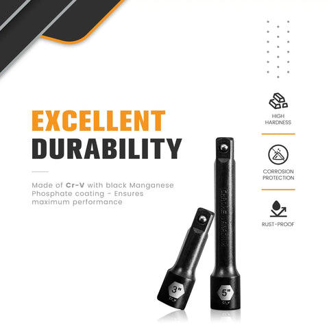 Half Inch Drive Impact Extension Bar Set For Socket Extensions, 3 Piece, 3, 5, And 10 Inch Lengths, Premium Chrome Vanadium Steel