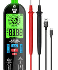 A1X Handy Smart Digital Multimeter Tester with rechargeable battery, probes, and backlit LCD for measuring voltage and resistance.