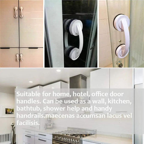 JanTeelGO Portable Suction Grab Bar With Strong Hold on cabinets and glass, durable white plastic handle for easy access.