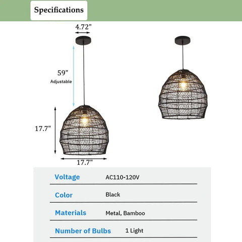 Bamboo Pendant Light Fixture Black Finish, Boho Rattan Woven Hanging Lamp For Kitchen Island Or Nursery, 17.7 Inch Wide
