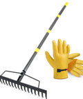 Tough-As-Nails 17 Inch Metal Bow Rake With XL Cowhide Gloves And 65 Inch Adjustable Steel Handle For Yard Cleanup