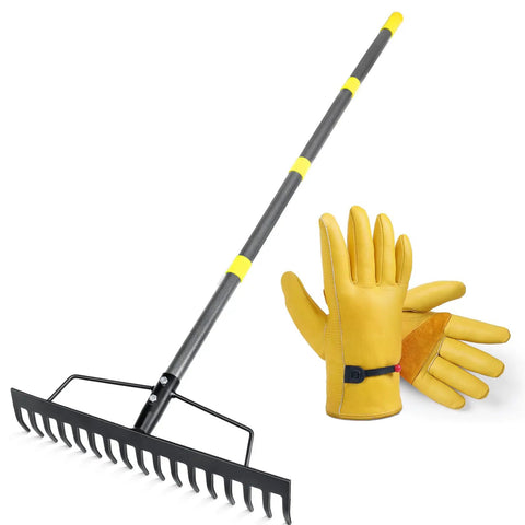 Tough-As-Nails 17 Inch Metal Bow Rake With XL Cowhide Gloves And 65 Inch Adjustable Steel Handle For Yard Cleanup