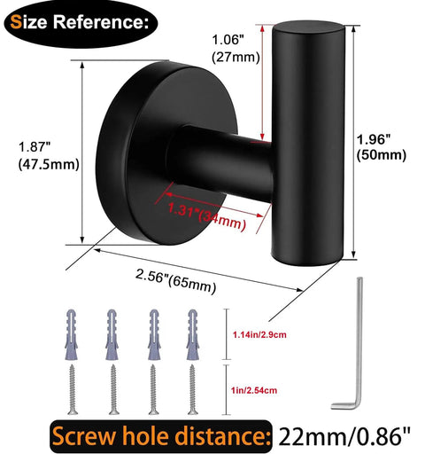 Matte Black Stainless Steel Towel Coat Hook Wall Mounted Rock Solid 304 Stainless Steel Robe Hook with dimensions and screws