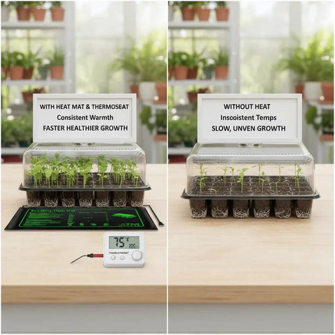 Heat Mats For Plants With Thermostat Controller Two Pack 10 By 20 Inches Graphene Heating Technology Energy Saving Green Adjustable Temperature For Seedlings Indoor Gardens showing faster growth with heat mat vs slower growth without