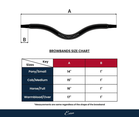 Size chart for Curved Padded Bling Crystal Leather Browband For Horse Bridles Diamond Decorated English Dressage Browband