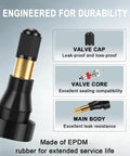 TR600HP tire valve stem close-up with brass core, black ribbed cap, EPDM rubber body
