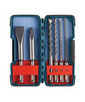 6 Piece SDS-Plus Bulldog Rotary Hammer Bit Set With Flat And Point Chisels in open case showing carbide tips and chisels