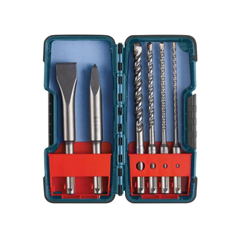6 Piece SDS-Plus Bulldog Rotary Hammer Bit Set With Flat And Point Chisels in open case showing carbide tips and chisels