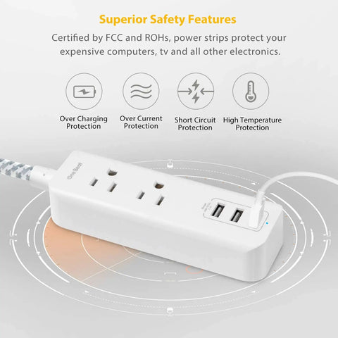 Go-To USB Charging Station With 2 Outlets And 3 USB Ports 3.1A 15W Desktop Power Hub with safety features icons displayed