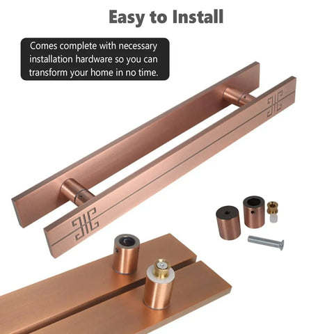 H Shaped Glass Sliding Barn Door Handle Pull For 14mm Thick Doors Interior Exterior Entrance Dope Modern Door Pull Bar For Shower Hotel Mall And More Easy Install, shown in shiny pink aluminum with installation hardware