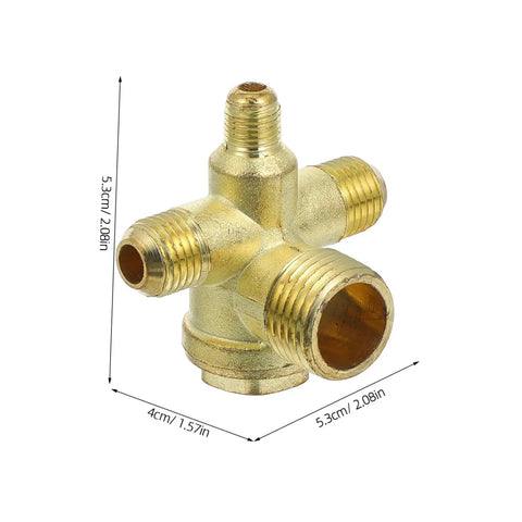 Heavy Duty Four Way Air Compressor Check Valve featuring a no sweat install and top shelf 14mm threaded connector, brass, 5.3cm.