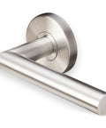 Round Rosette Tubular Passage Door Lever Set in Satin Stainless Steel, Modern Frankfurt Style Interior Lever With 2-3/8 Inch Backset