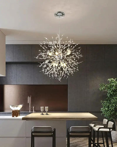 9 Light Chrome Crystal Dandelion Firework Chandelier With Adjustable 78 Inch Cord in modern kitchen setting
