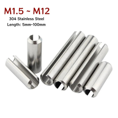 Slotted Spring Pins Set In 304 Stainless Steel, Dowel Roll Pins M1.5 To M12 displayed in various sizes