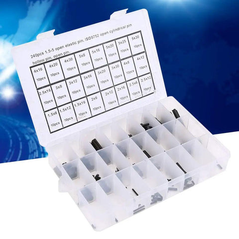 Elastic Cylindrical Pin Set 240 Pieces Carbon Steel Hollow Positioning Pins in box with varied sizes from 1.5 to 5mm visible