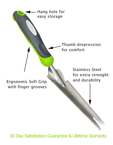 Hand Weeder Trowel With Ergonomic Handle And Rust Resistant Stainless Steel featuring grip and blade details