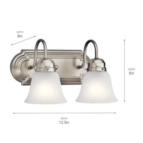 Brushed Nickel 2 Light Vanity Bath Light With Satin Etched Glass Shades, Sleek Modern Bathroom Fixture, 12.25 Inch Wide, 8 Inch High