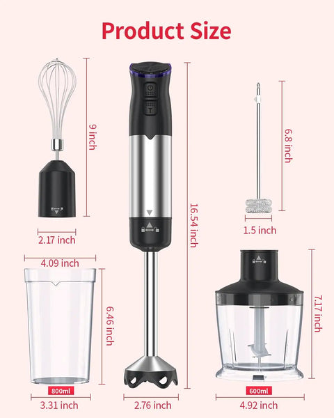 Dead Simple Total Powerhouse 5in1 Immersion Blender With 1200W Motor And 20 Speed Settings product size image displaying whisk, beaker, blade, and chopper dimensions.