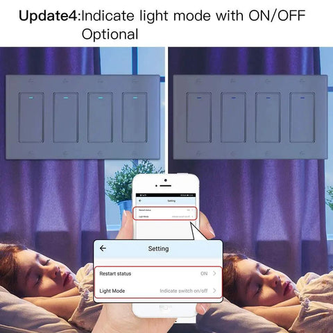 WiFi Wall Push Button Smart Light Switch 4 Gang, 2.4GHz, Neutral Wire Required with remote control via smartphone app, bedroom scene.