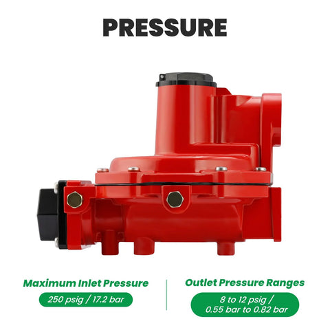 Side view of red Watflow LP-Gas propane regulator, back-mount, 3/4 in NPT ports